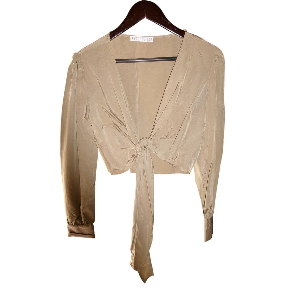 Potter's Pot Women's Olive Satin Twist Front Long Sleeve Blouse Size M